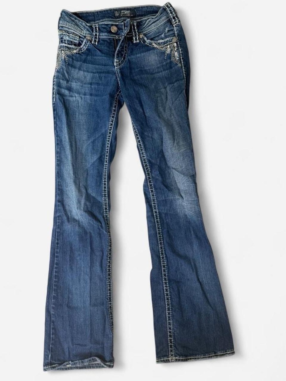 Silver Jeans Women's Dark Blue Flare Jeans with Whisker Fading